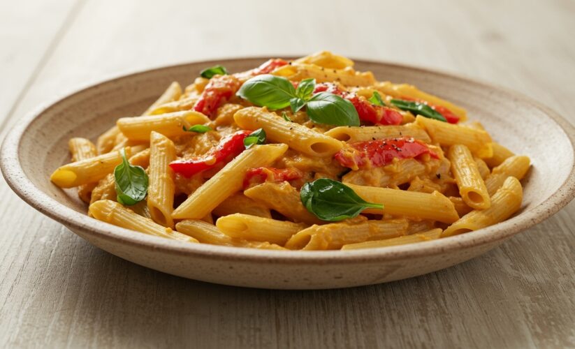 Golden Glow: Creamy Roasted Red Pepper Pasta (Easy Vegan Recipe!)