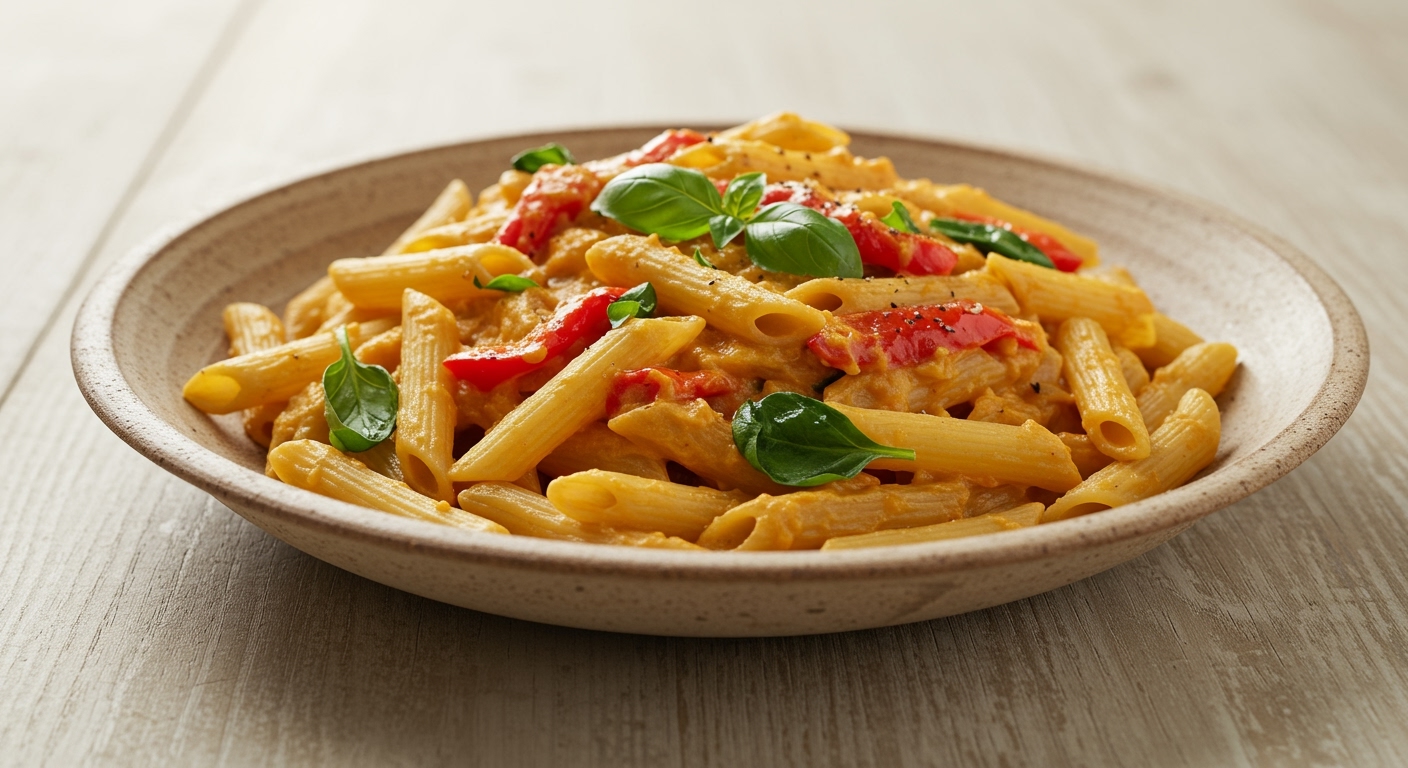 Golden Glow: Creamy Roasted Red Pepper Pasta (Easy Vegan Recipe!)